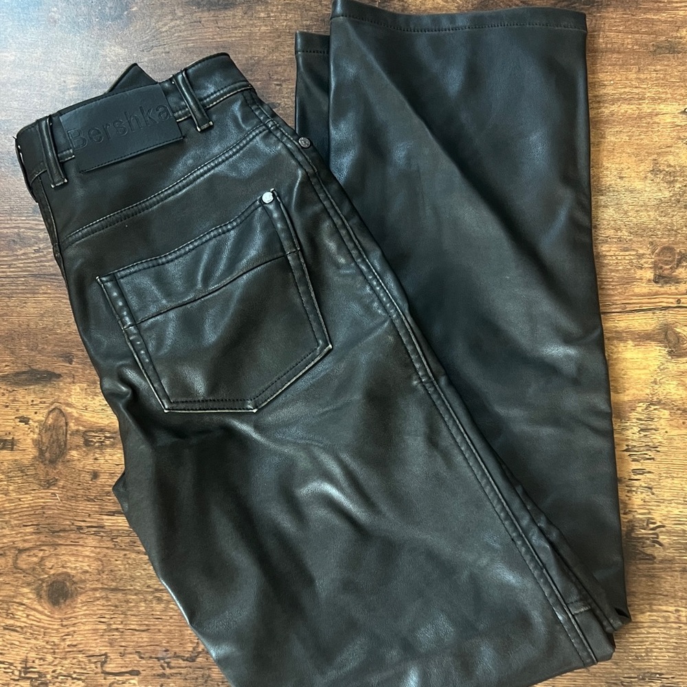 Bershka Women's Black Straight Leg Faux Leather Pants XS